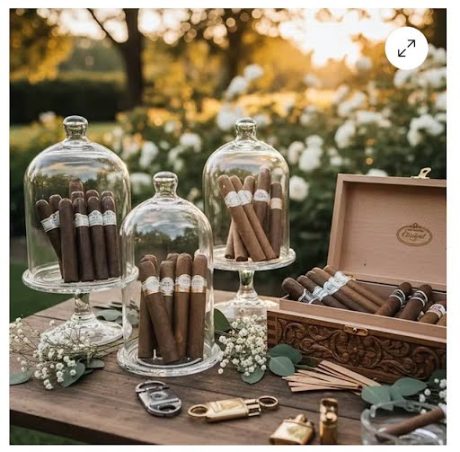 Golden-hour wedding cigar lounge in the evening