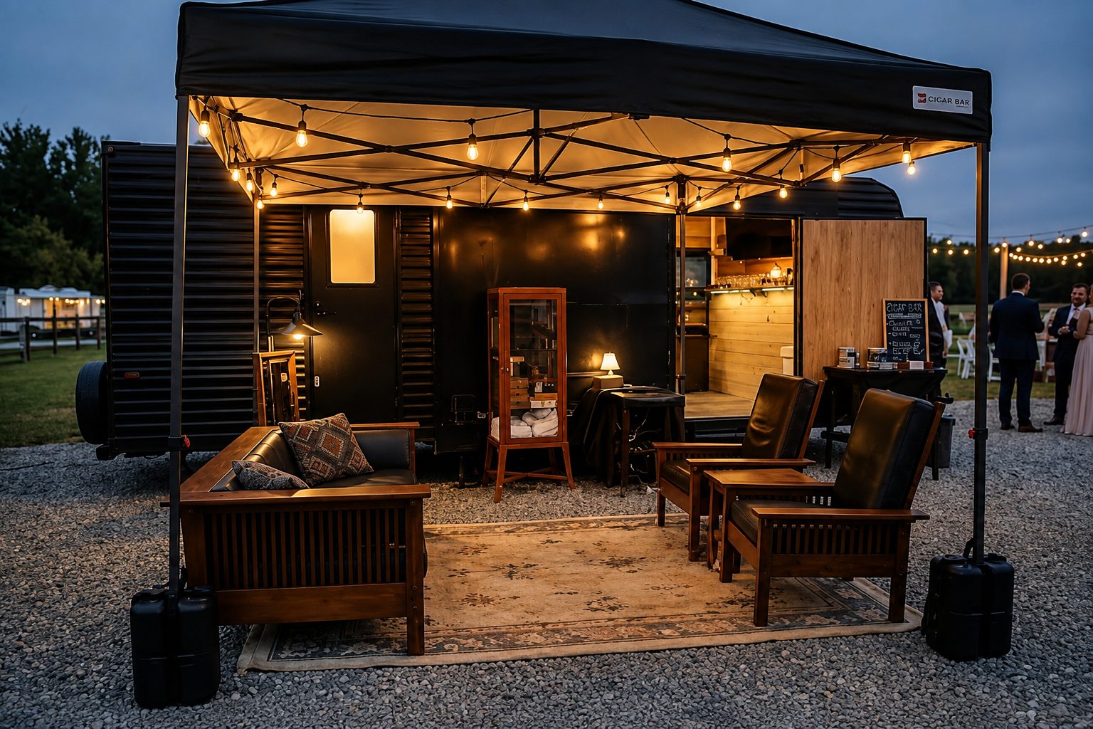 The Reserve mobile cigar bar set up at dusk — string lights, leather seating, and a humidor bar